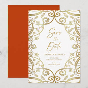 Burnt Orange Gold Glitzer Floral Lace Wedding Save The Date