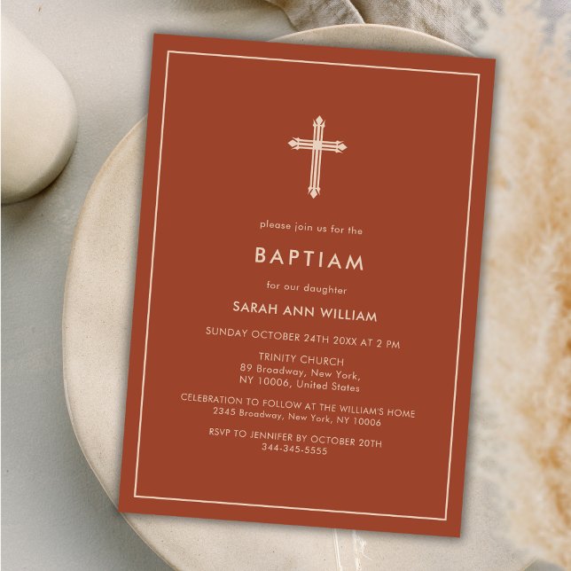 Burnt Orange Gold Typografie Cross Frame Taufe Einladung (Burnt Orange Gold Typography Cross Frame Baptism Invitation)