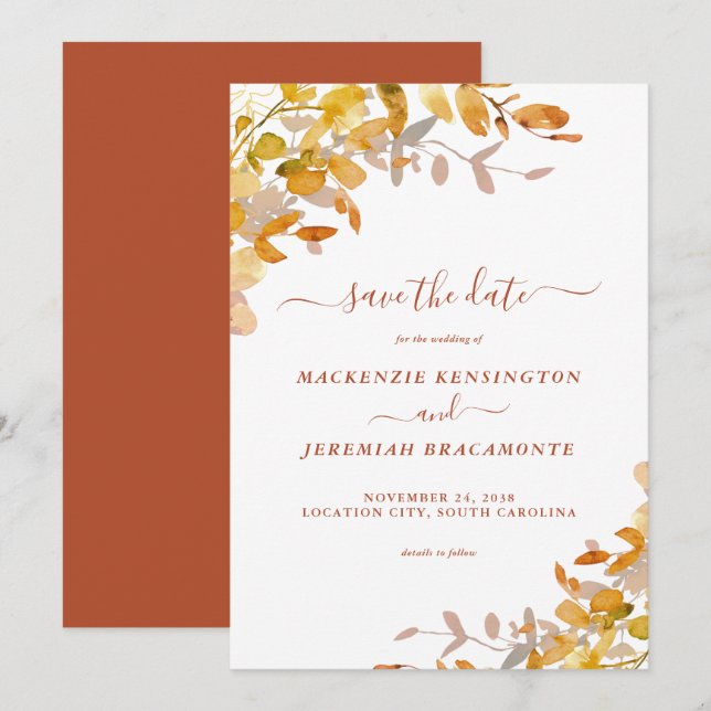 Burnt Orange Herbst Blätter Hochzeit speichern das Save The Date (Vorne/Hinten)