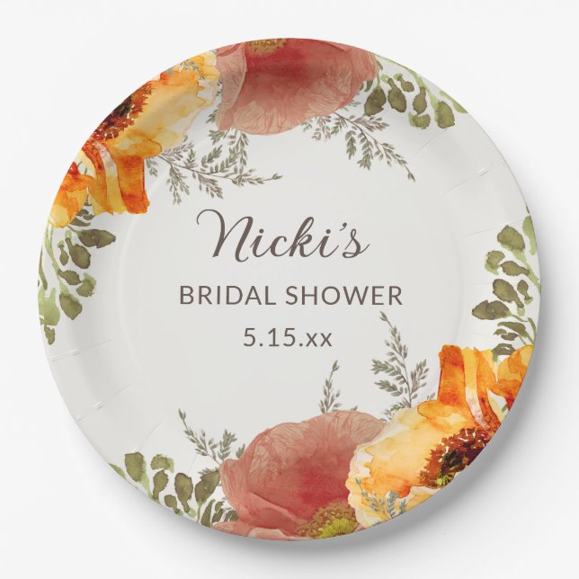 Burnt Orange Herbst Name des Brautparty Pappteller (Vorderseite)