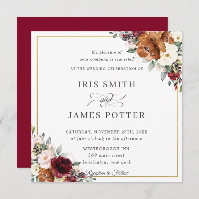 Burnt Orange Ivory Burgundy Floral Wedding Square Einladung (Vorne/Hinten)
