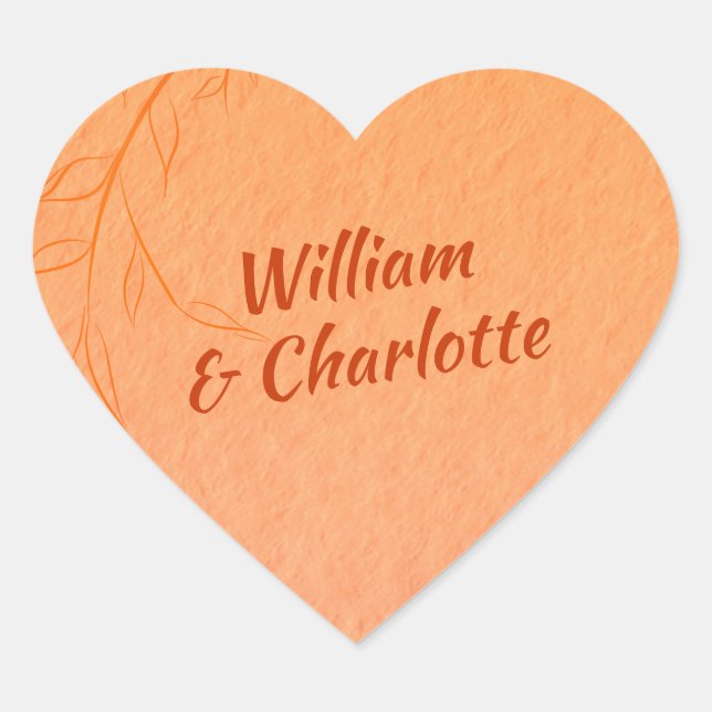 Burnt Orange Line-Art-Blätter Ombré Herbsthochzeit Herz-Aufkleber (Vorderseite)