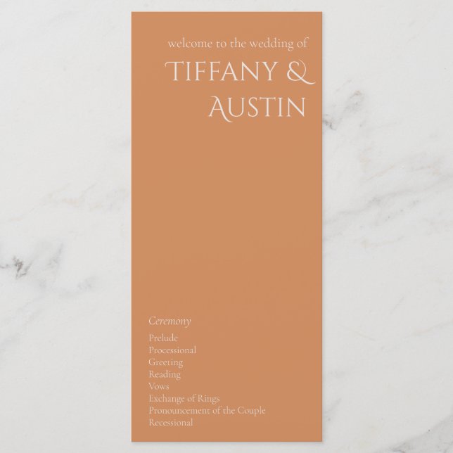 Burnt Orange Modernes Hochzeitsprogramm (Vorderseite)