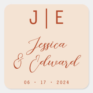 Burnt Orange Monogram Elegant Script Couple Name Quadratischer Aufkleber