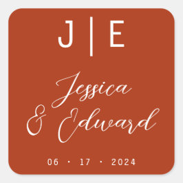 Burnt Orange Monogram Elegante Couple Name Modern Quadratischer Aufkleber