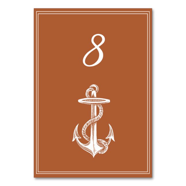 Burnt Orange Nautical Anchor Tischnummer Card (Vorderseite)