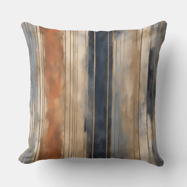 Burnt Orange Navy Dusty Blue Distressed Strip Kissen (Vorderseite)
