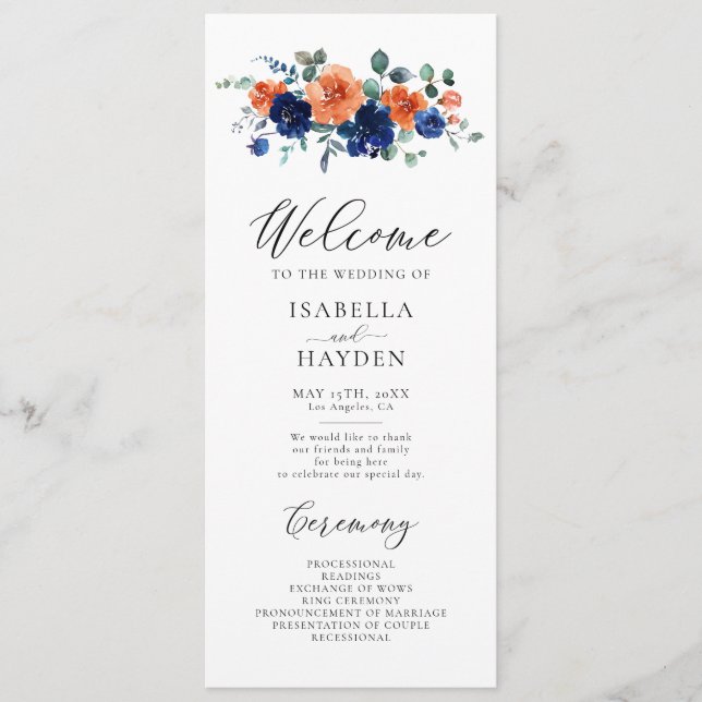 Burnt Orange Navy Floral Rustic Watercolor Hochzei Programm (Vorderseite)