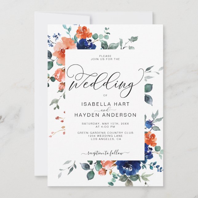 Burnt Orange Navy Rust Floral Watercolor Hochzeit Einladung (Vorderseite)