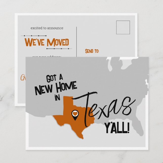 Burnt Orange neue Zuhause in Texas Y'all Moving Postkarte (Vorne/Hinten)