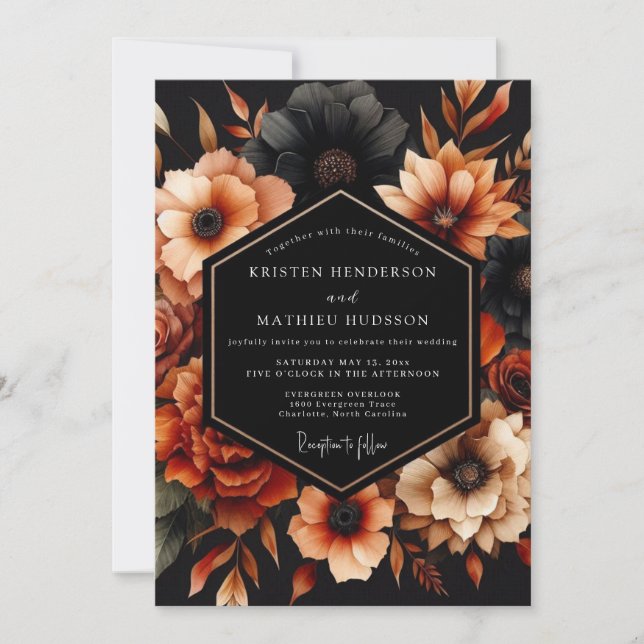 Burnt Orange Noir Bloom Wedding Einladung (Vorderseite)