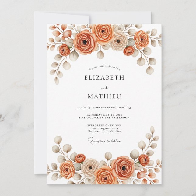Burnt Orange Painterly Blossom Wedding Einladung (Vorderseite)