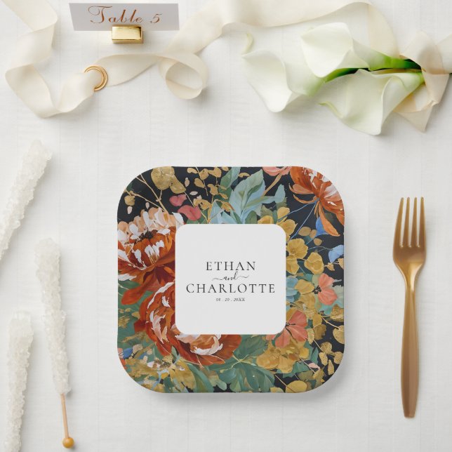 Burnt Orange Peonies Bloral Painting Gold Hochzeit Pappteller (Hochzeit)