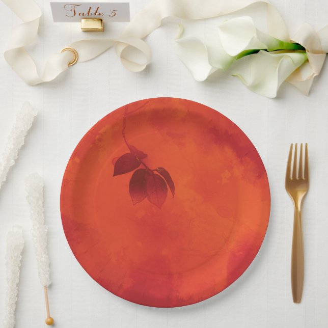 Burnt Orange Persimmon Leaf Abtract Herbst Pappteller (Hochzeit)