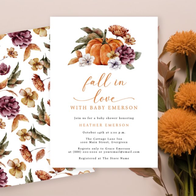Burnt Orange Pumpkin Baby Shower Einladungen (Fall In Love With Baby Burnt Orange Baby Shower Invitation Watercolor Floral Pumpkins )