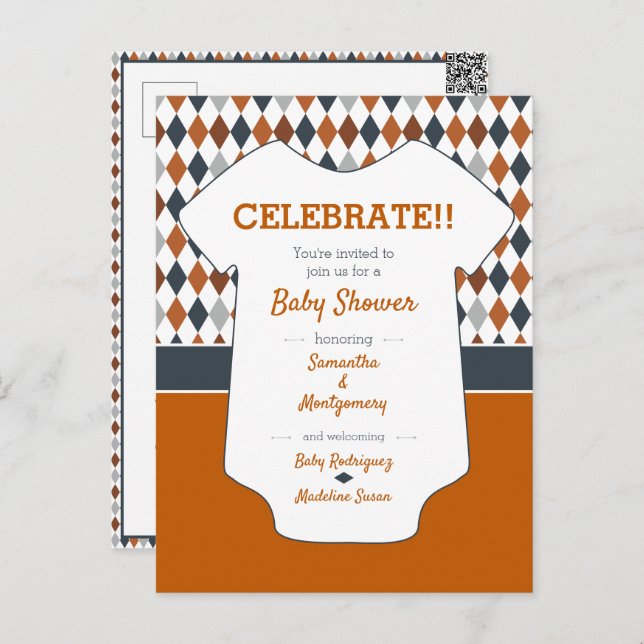 Burnt Orange Raute Pattern Baby Dusche Postkarte (Vorne/Hinten)