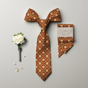 Burnt Orange Rhombus Diamonds Vintag Floral Men's Krawatte