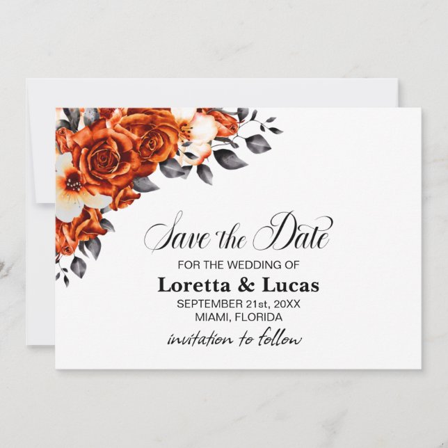 Burnt Orange Rose Blumenhochzeit Speichern Sie das Save The Date (Vorderseite)