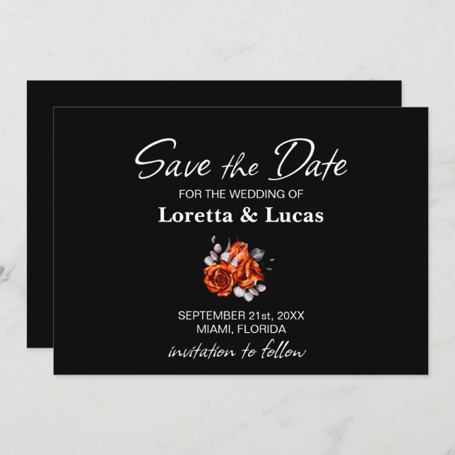 Burnt Orange Rose Floral Black Wedding Save The Date (Vorne/Hinten)