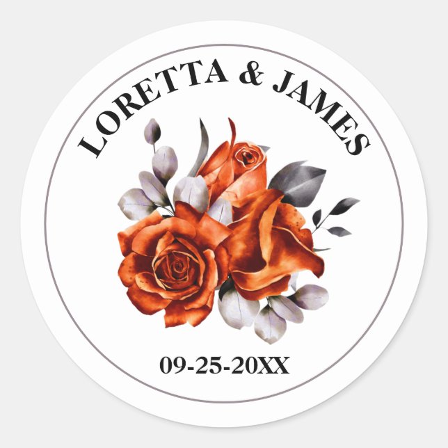 Burnt Orange Rose Floral Wedding Runder Aufkleber (Vorderseite)