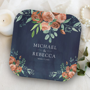 Burnt Orange Rose Terracotta Floral Navy Hochzeit Pappteller