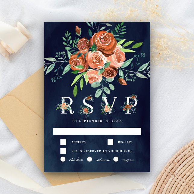 Burnt Orange Rose Terracotta Floral Navy Hochzeit RSVP Karte (Von Creator hochgeladen)