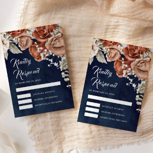Burnt Orange Rose Terracotta Floral Navy Hochzeit RSVP Karte
