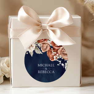 Burnt Orange Rose Terracotta Floral Navy Hochzeit Runder Aufkleber