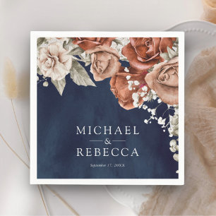 Burnt Orange Rose Terracotta Floral Navy Hochzeit Serviette