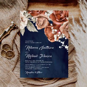 Burnt Orange Roses Terracotta Floral Navy Wedding Einladung