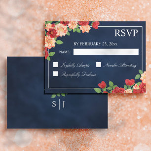 Burnt Orange Rote Rosen Navy Blue Monogram Wedding RSVP Karte