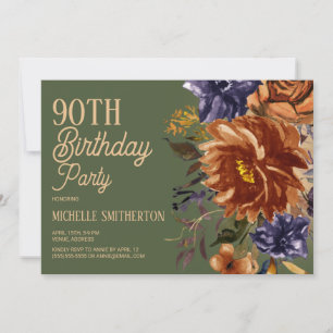 Burnt Orange Rust Blue Floral Green 90. Geburtstag Einladung