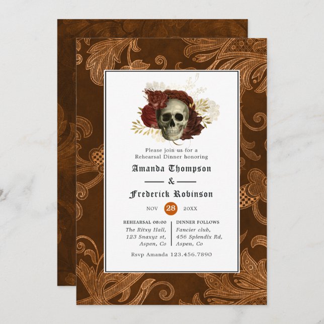 Burnt Orange Rustic Damask Gothic Probe Dinner Einladung (Vorne/Hinten)