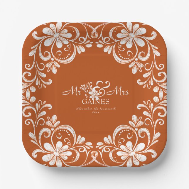 Burnt Orange Shabby Chic Mr & Mrs Wedding Plate Pappteller (Vorderseite)