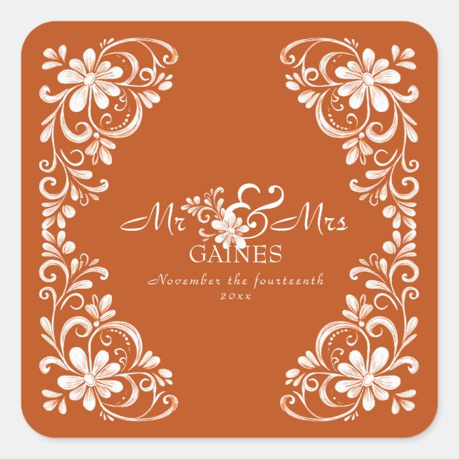 Burnt Orange Shabby Chic Mr. & Mrs. Wedding Sticke Quadratischer Aufkleber (Vorderseite)