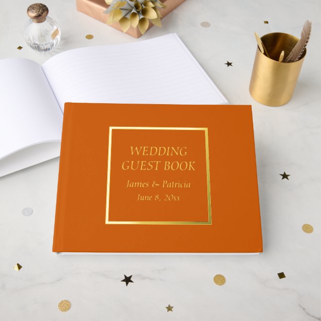 Burnt Orange Simple Stylized Lettering Wedding Gästebuch (Vorderseite offen)