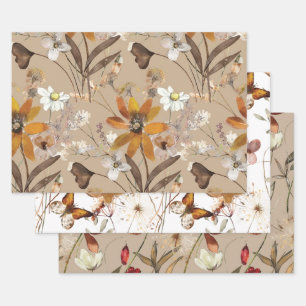 Burnt Orange Simple Wildblume Fall Floral Geschenkpapier Set