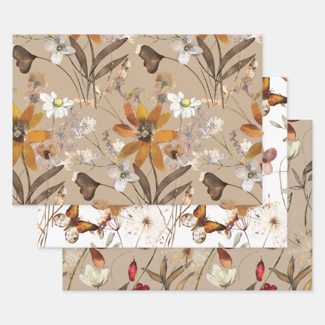 Burnt Orange Simple Wildblume Fall Floral Geschenkpapier Set (Set)