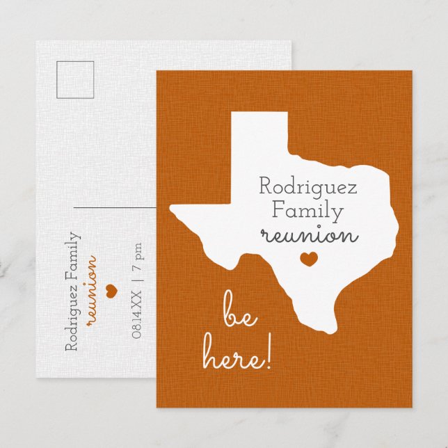 Burnt Orange Staat von Texas Family Wiedersehen Postkarte (Vorne/Hinten)