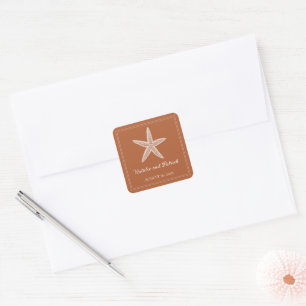 Burnt Orange Starfish Hochzeitsticker Quadratischer Aufkleber