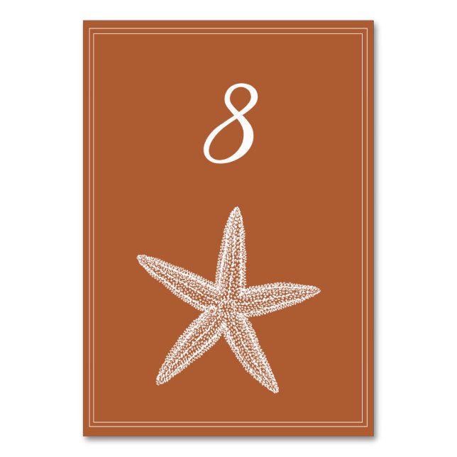 Burnt Orange Starfish Tischnummer Card (Vorderseite)