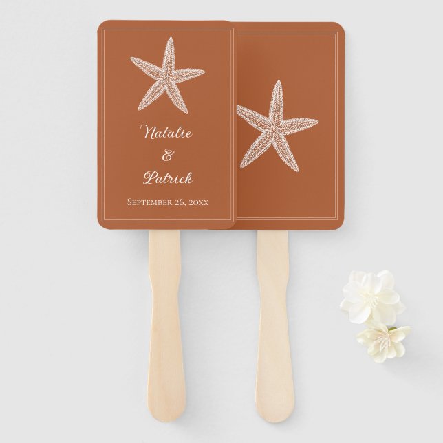 Burnt Orange Starfish Wedding Hand Fans Fächer (Vorne und Hinten)
