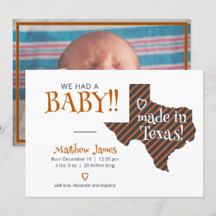 Burnt Orange Striped Made in Texas Foto Baby Ankündigung