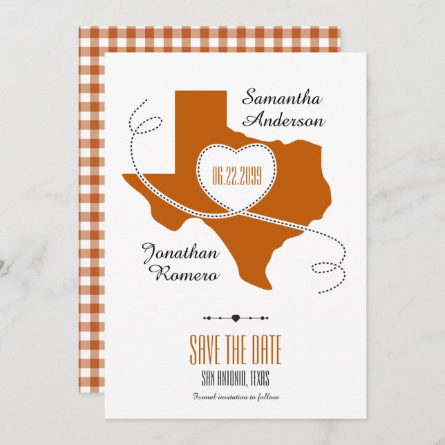 Burnt Orange Texas Curling Ribbon Save the Date (Vorne/Hinten)