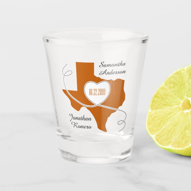 Burnt Orange Texas Curling Ribbon Wedding Date Schnapsglas (Vorderseite)