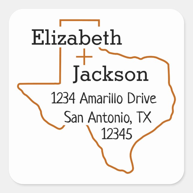 Burnt Orange Texas Kontur Couple Address Label Quadratischer Aufkleber (Vorderseite)