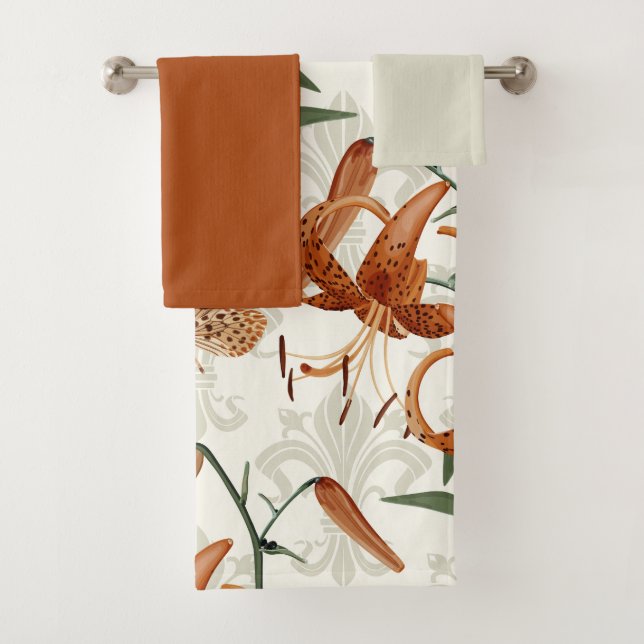 Burnt Orange Tiger Lily Pattern Badhandtuch Set (Insitu)