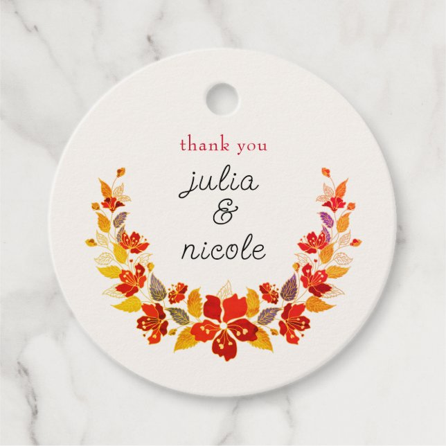 Burnt Orange Tropical Hibiskus Florals Wedding Geschenkanhänger (Vorderseite)