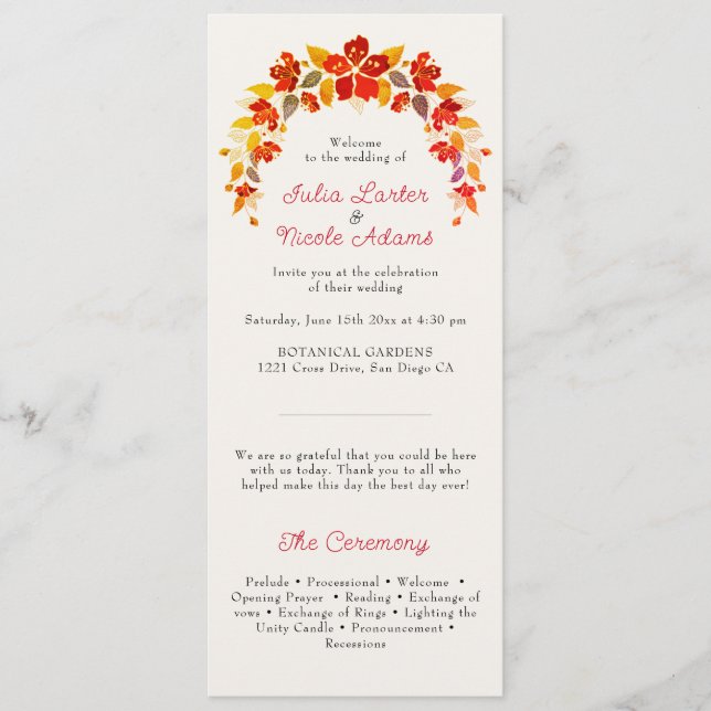 Burnt Orange Tropical Hibiskus Florals Wedding Programm (Vorderseite)