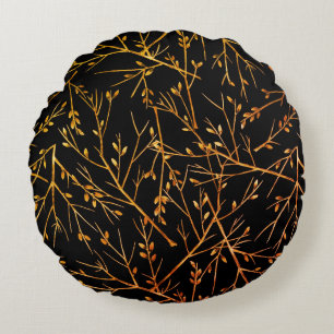 Burnt Orange Twigs auf Black Rundes Kissen